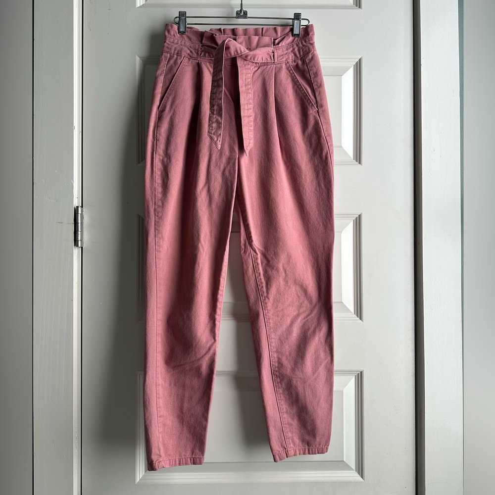 Women High Rise Paper Bag Tie Waist Dusty Rose Trousers